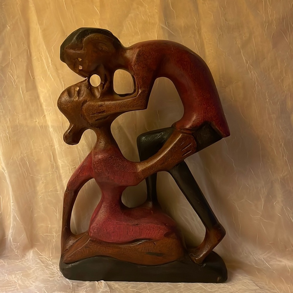 Vintage Wood Carved Sculpture of Man & Woman kissing
